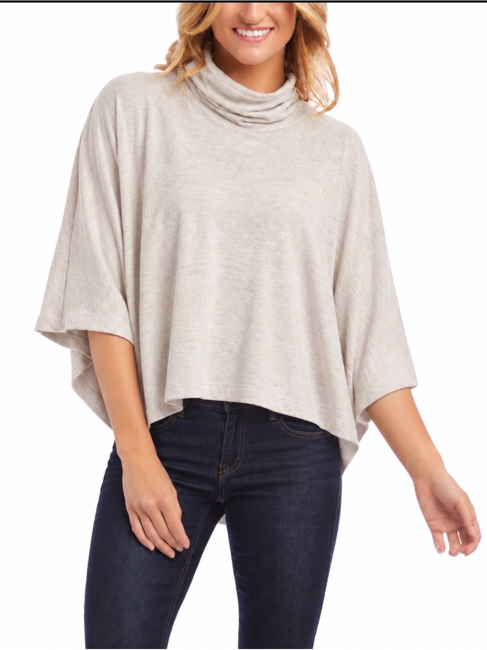 Venti6 Italy Oatmeal Batwing Turtleneck Cropped Sweater Hidden Button Sleeve M